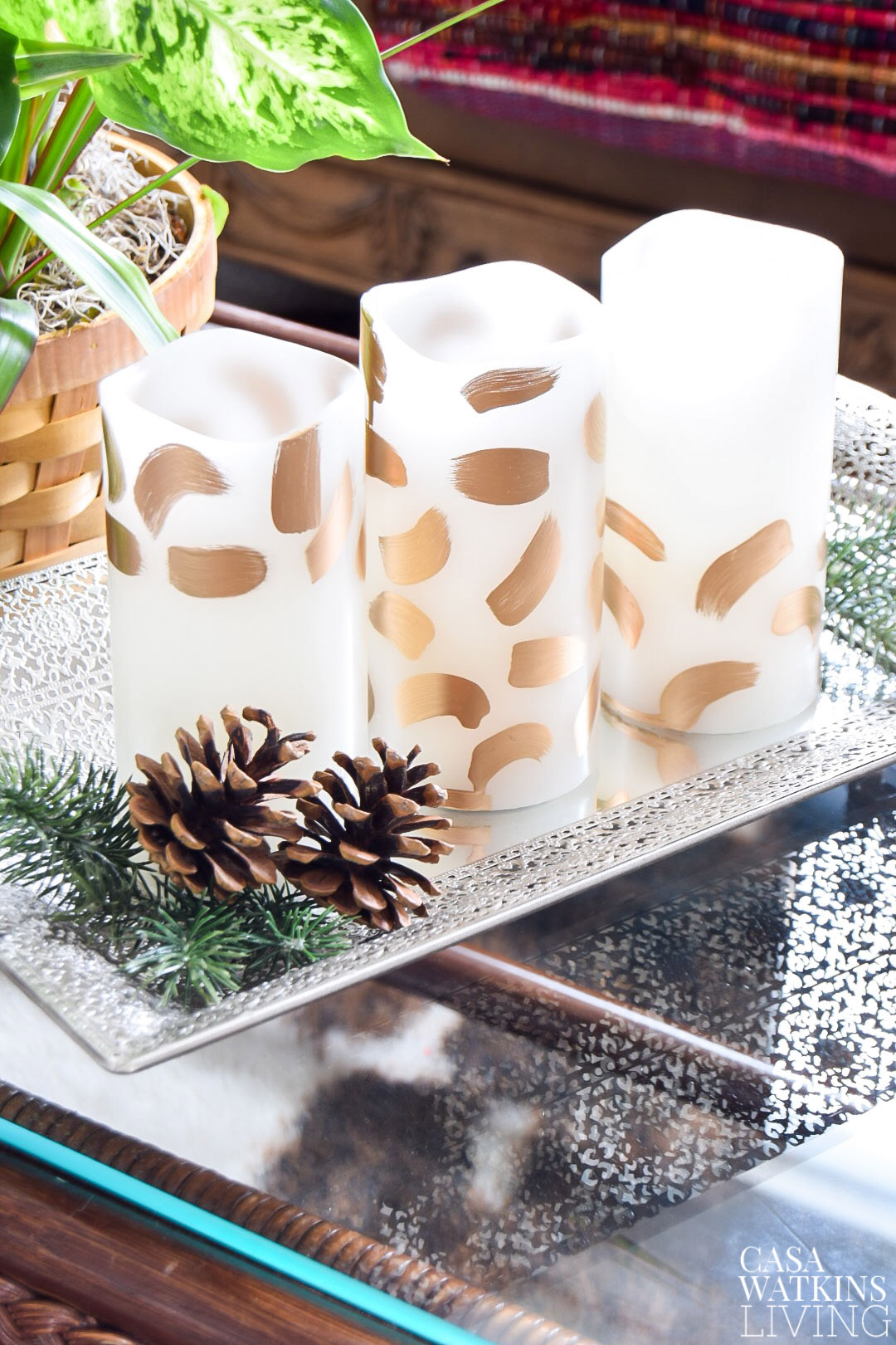 DIY gold brush stroke painted candles