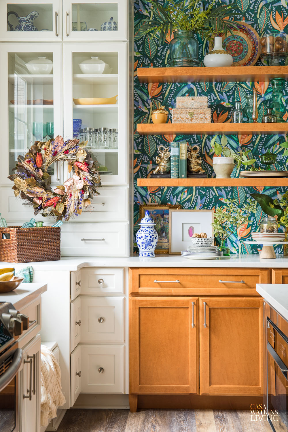 wallpapered-kitchen-shelf-modern-boho-kitchen - Casa Watkins Living