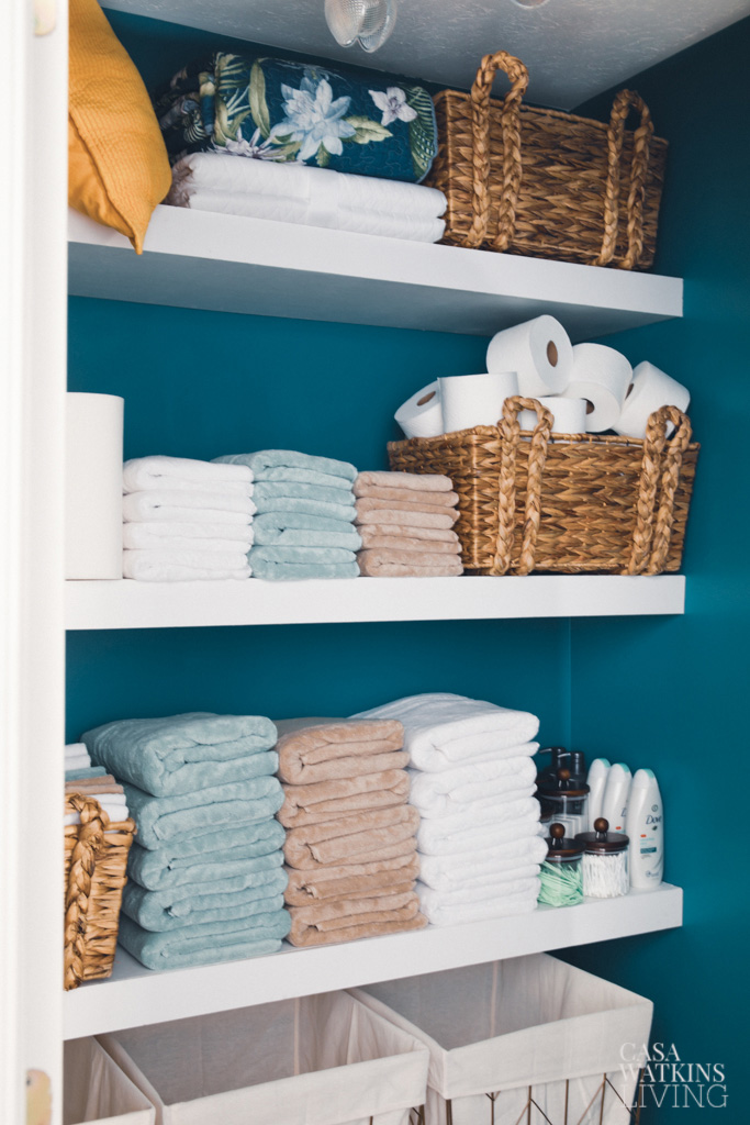 DIY Floating Shelves in Linen Closet - Casa Watkins Living